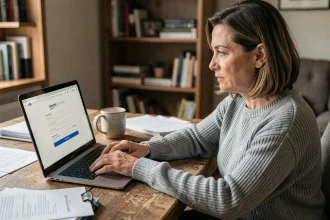 Femme utilisant un ordinateur portable pour accéder à l'espace client Alice ADSL depuis son domicile