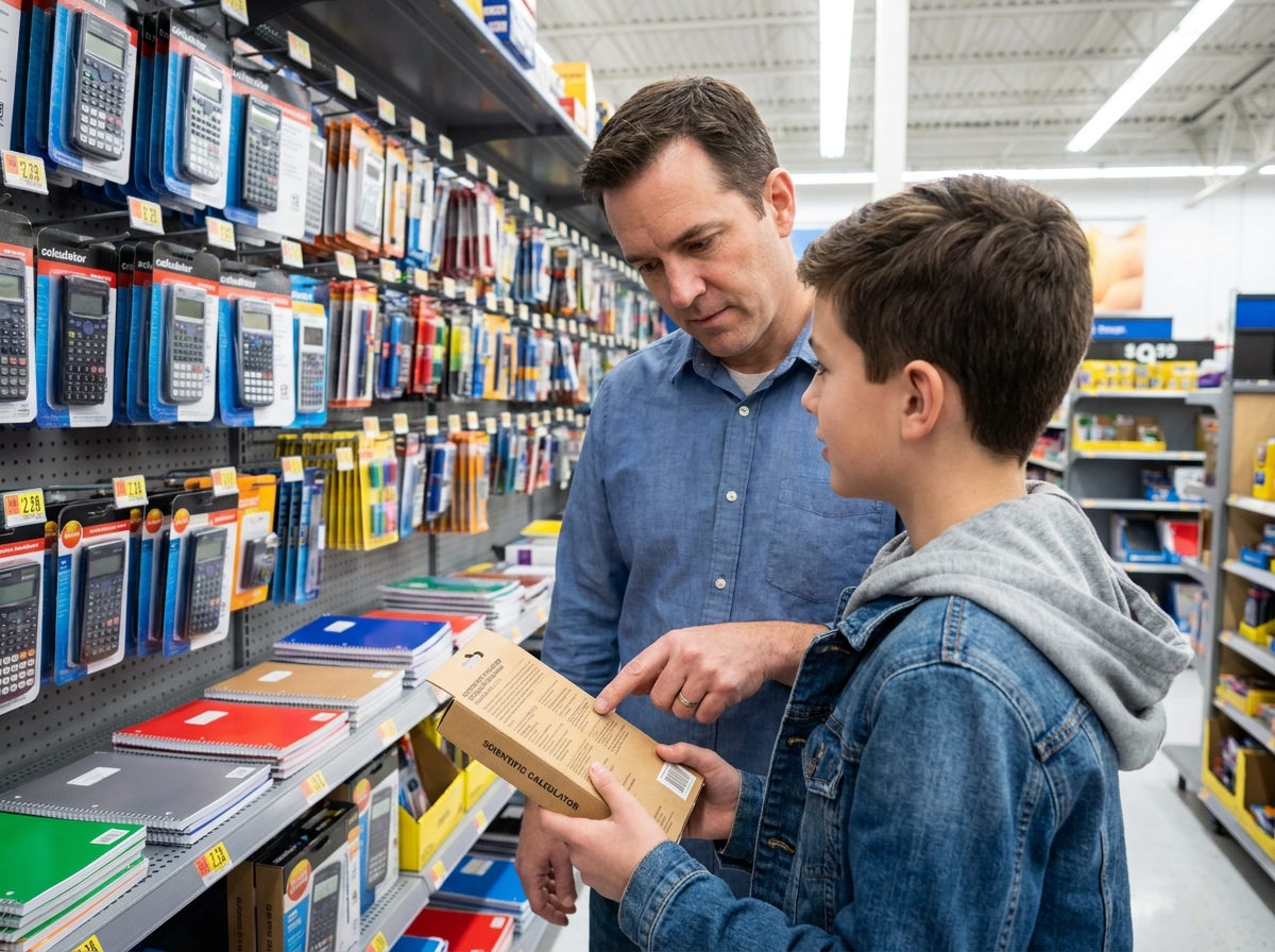 Parent et adolescent comparant des calculatrices scientifiques dans le rayon fournitures scolaires d'une papeterie