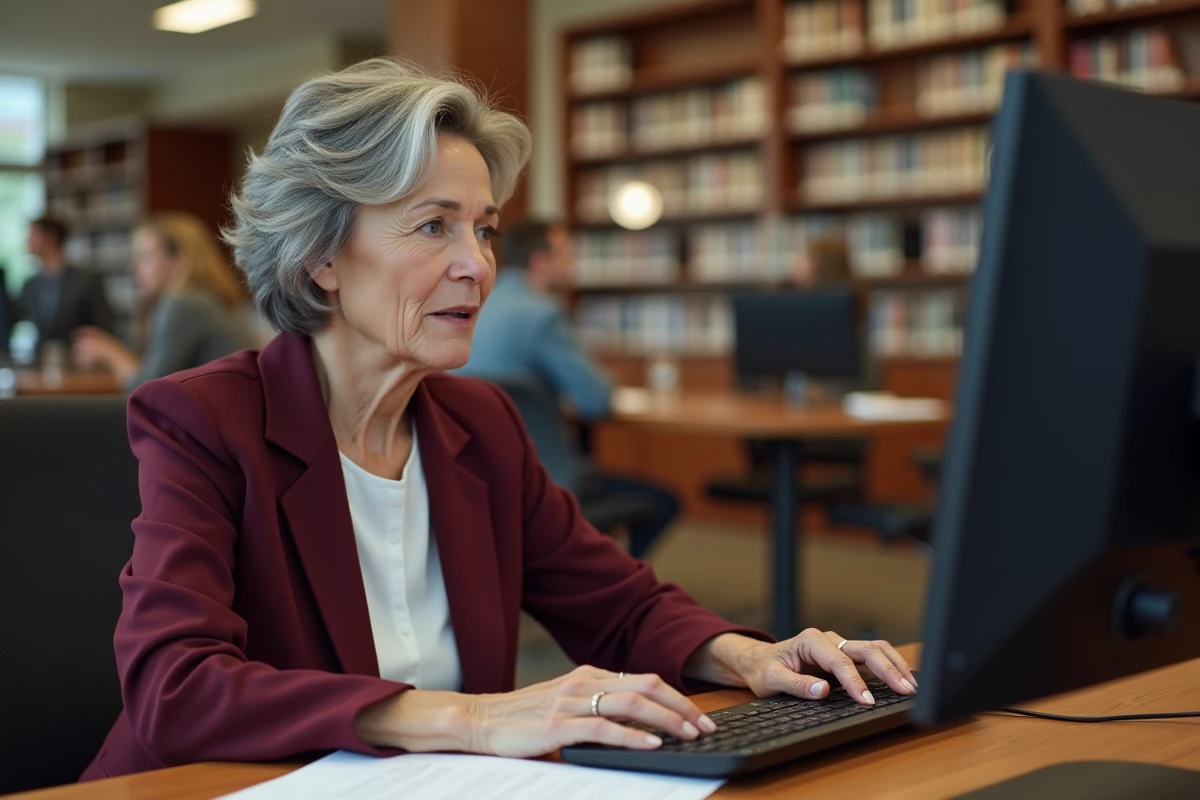 Femme âgée activant son espace personnel eDocPerso depuis un ordinateur de bureau dans une bibliothèque