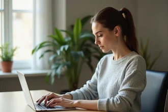 Femme activant son coffre-fort numérique eDocPerso sur un ordinateur portable dans un bureau à domicile