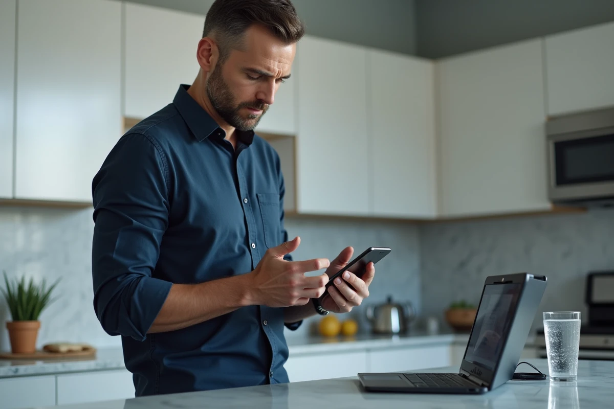 Homme consultant les étapes d'activation du service eDocPerso sur une tablette dans une cuisine moderne