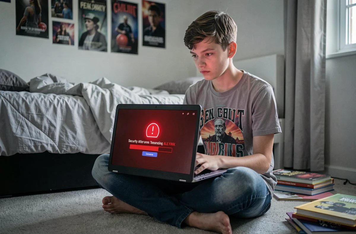 Adolescent assis par terre dans sa chambre examinant une alerte de sécurité sur un site de streaming frauduleux imitant une plateforme vidéo populaire