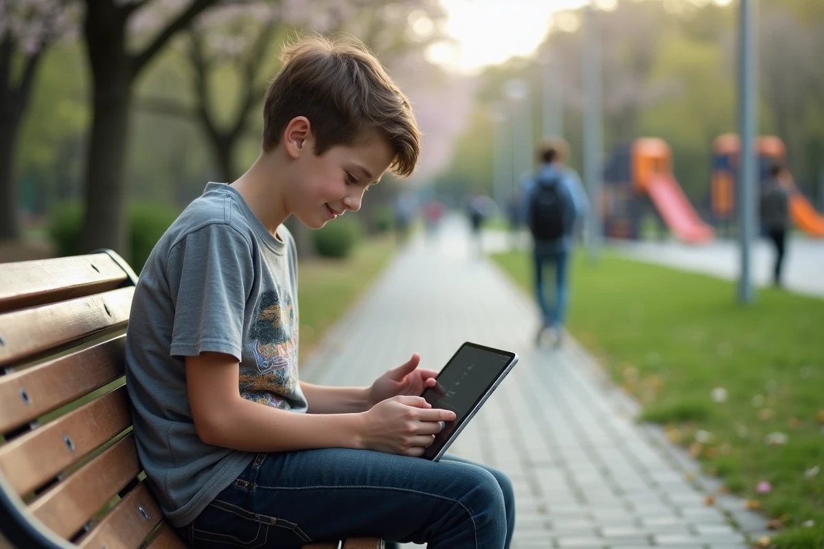Adolescent dans un parc utilisant une tablette