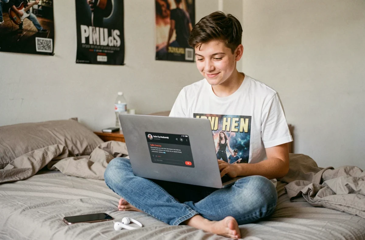 Adolescent écoutant un fichier audio MP3 extrait d'une vidéo YouTube depuis son ordinateur portable sur son lit