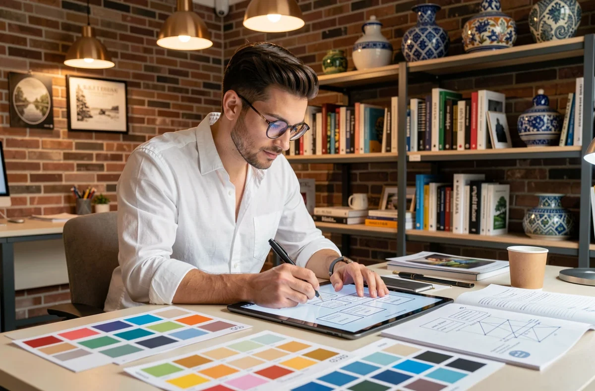 Designer web de l'agence Barcelona & Co travaillant sur des maquettes d'interface dans un studio créatif au style méditerranéen