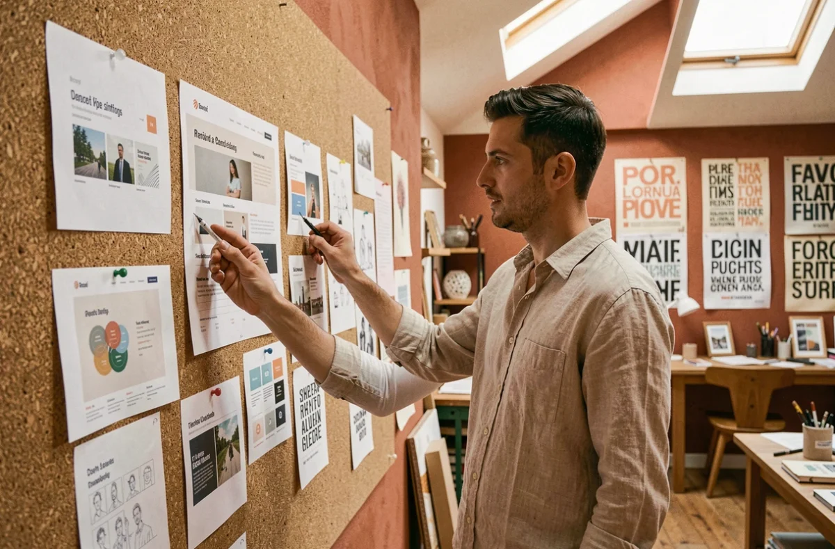 Designer de Boscop affichant des maquettes de sites web et des éléments d'identité visuelle sur un mur de liège dans un studio créatif