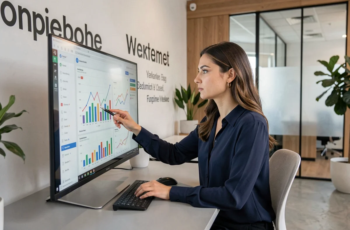 Stratégiste digitale de l'agence Extern'Market analysant des données marketing sur un écran dans un bureau moderne