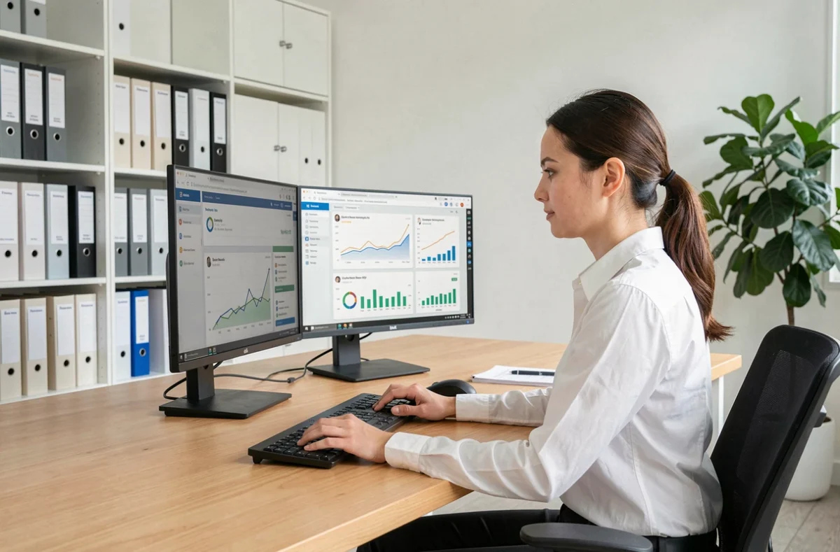 Analyste de Globe Reviews étudiant des tableaux de bord d'avis clients et de performance SEO dans un bureau minimaliste