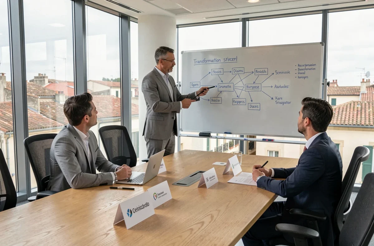 Consultant IT de GND Consulting présentant une feuille de route de transformation numérique à ses collègues dans une salle de réunion professionnelle