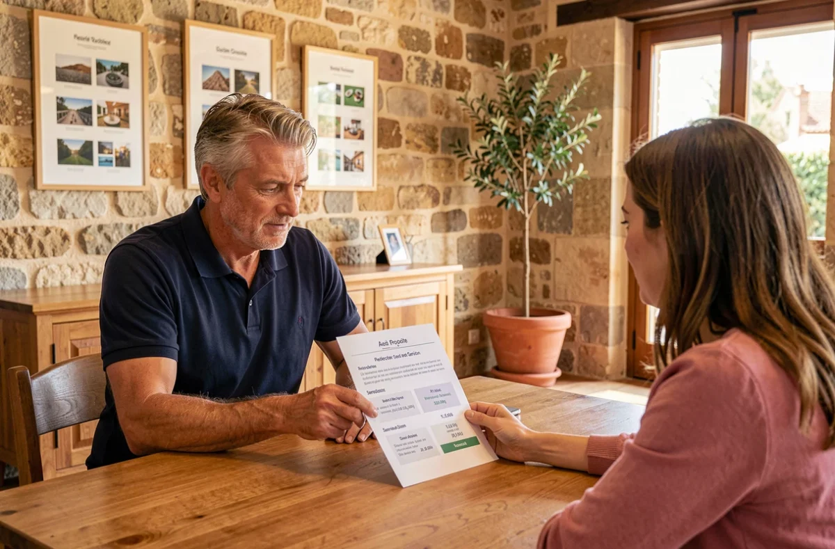 Développeur senior de Mastratos présentant une proposition de site web à des clients dans une agence aux murs en pierre typique de l'Occitanie