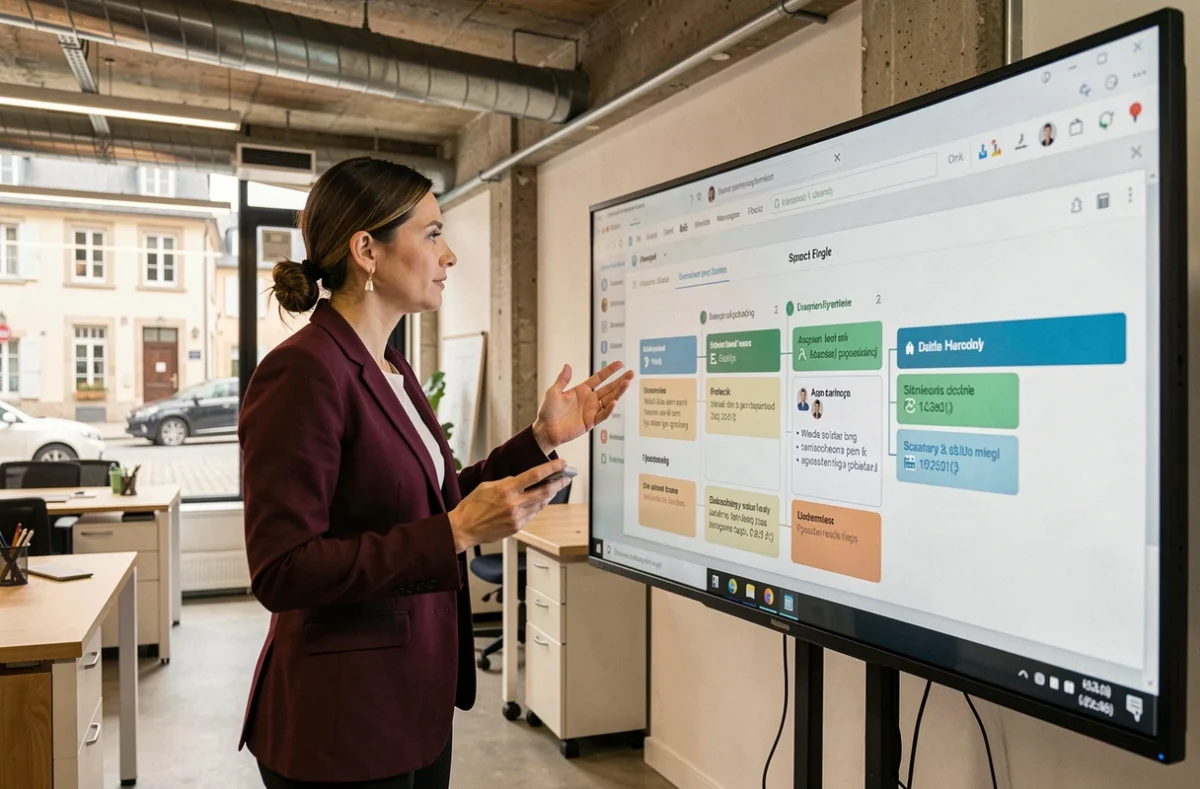 Chef de projet de Pilot'in gérant un planning de développement web sur un écran interactif dans un espace de travail moderne