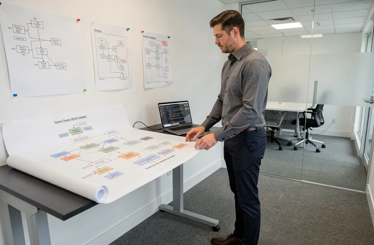 Architecte logiciel de Pragmea analysant un schéma d'architecture d'application web dans un bureau technique professionnel