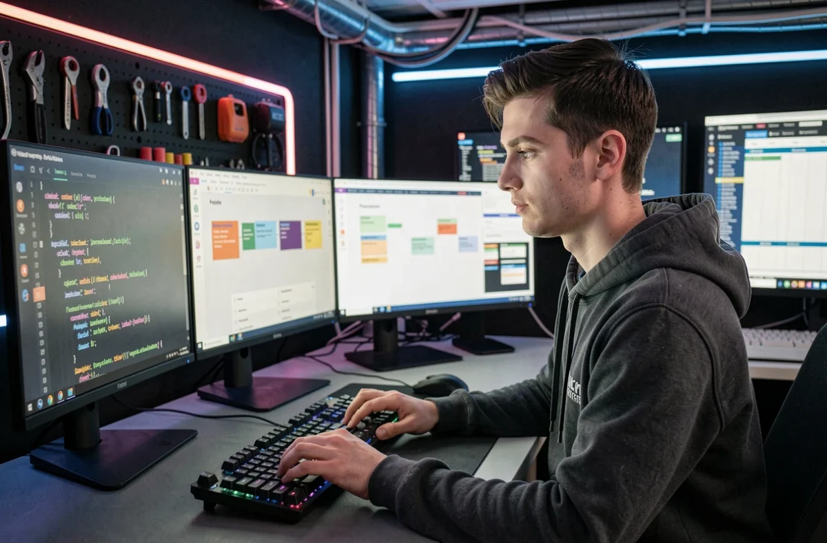 Développeur full-stack de Sparkana codant sur un triple écran dans un studio technologique moderne et dynamique