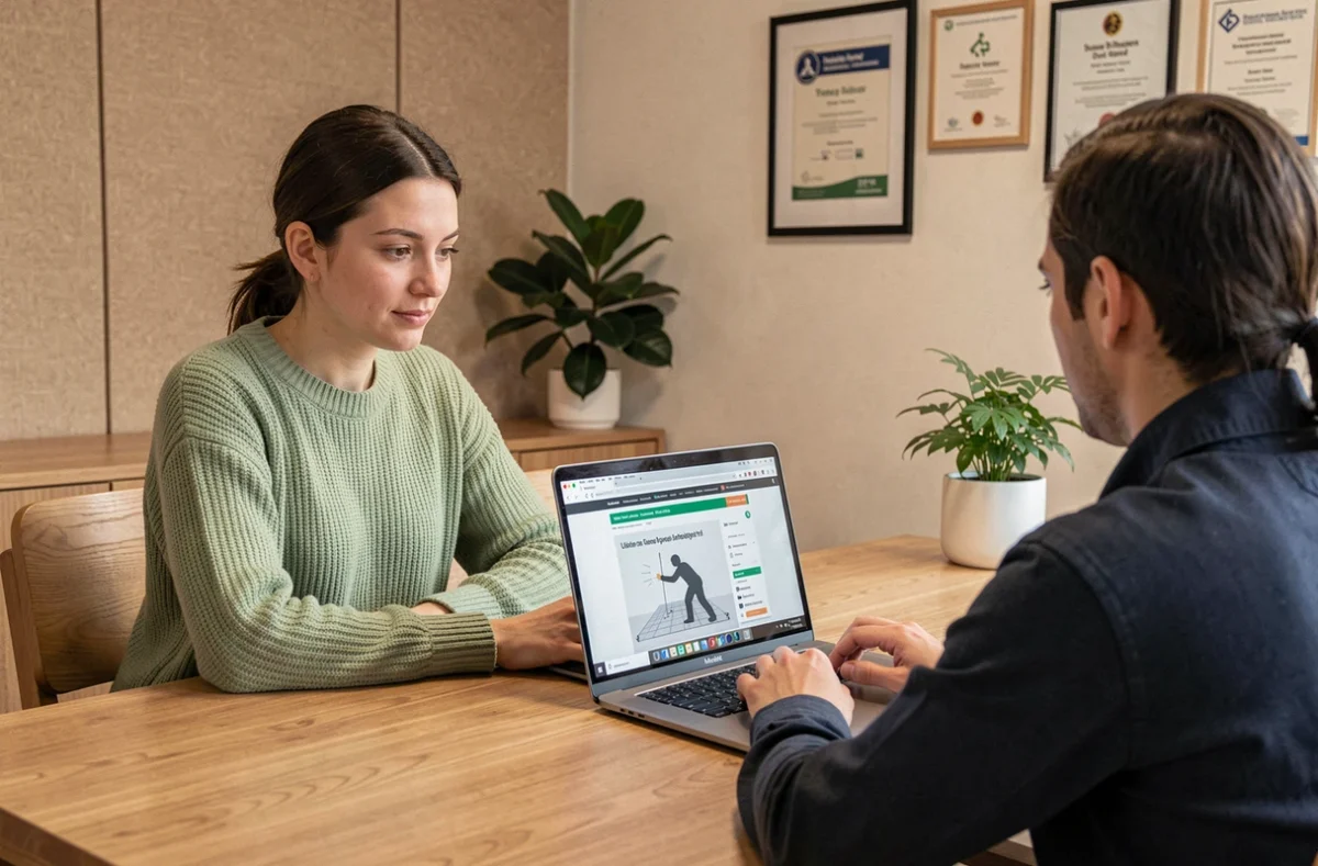 Développeuse UX de Webcaring réalisant un test utilisateur avec un client autour d'un prototype de site web dans un bureau chaleureux