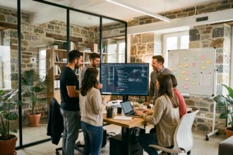 Équipe d'une agence de développement web en Bretagne collaborant autour d'écrans dans un bureau moderne aux murs en pierre