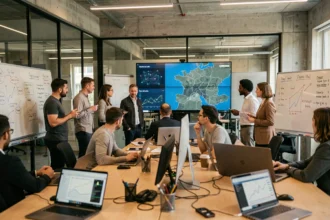 Équipe de professionnels travaillant sur des projets d'intelligence artificielle dans un bureau moderne des Pays de la Loire