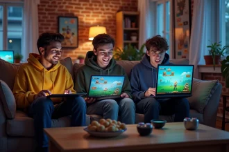 Trois amis jouant ensemble à un mod Pokémon sur Minecraft sur leurs ordinateurs portables dans un salon cosy
