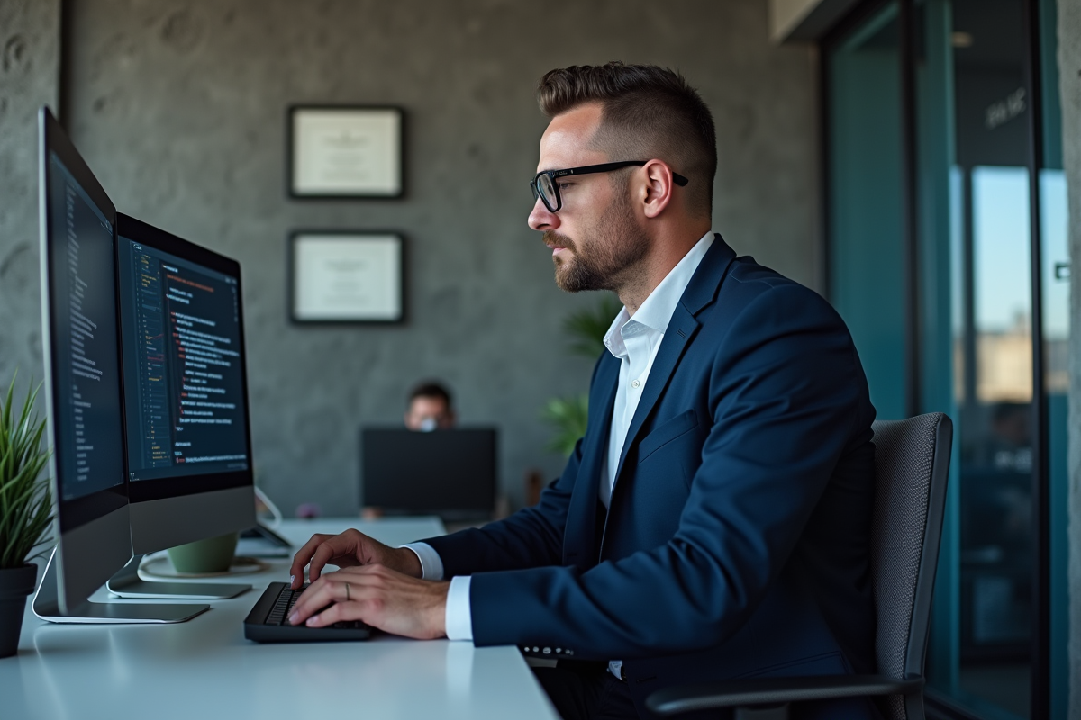 Analyste informatique français concentré sur ses écrans