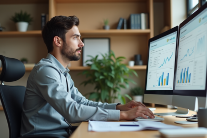 Jeune homme d'affaires analysant des données sur un ordinateur