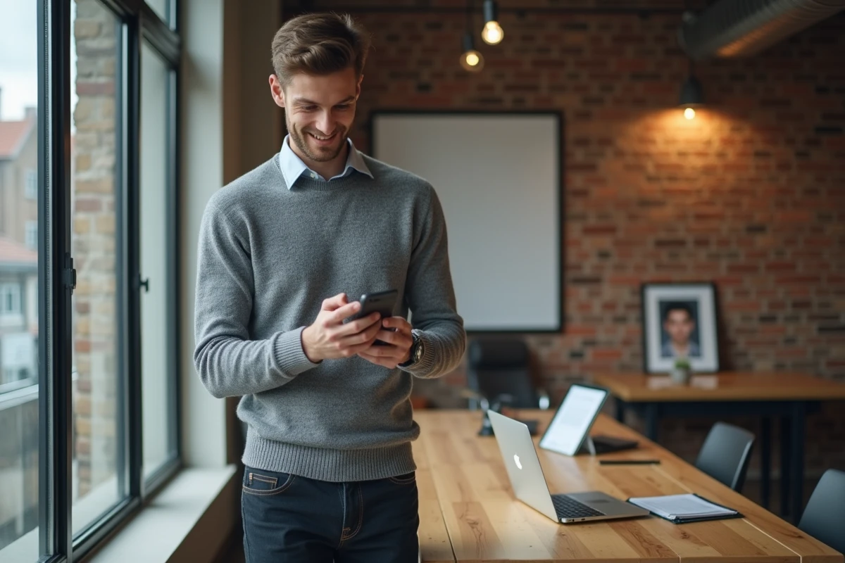 Jeune professionnel consultant ses anciens mails universitaires Zimbra sur smartphone dans un espace de coworking