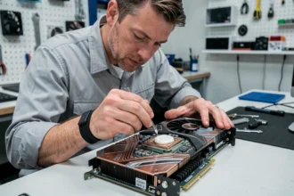 Technicien appliquant de la pâte thermique sur une carte graphique dans un atelier informatique professionnel