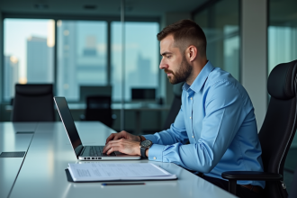 Auditeur IT homme en réunion dans un bureau moderne