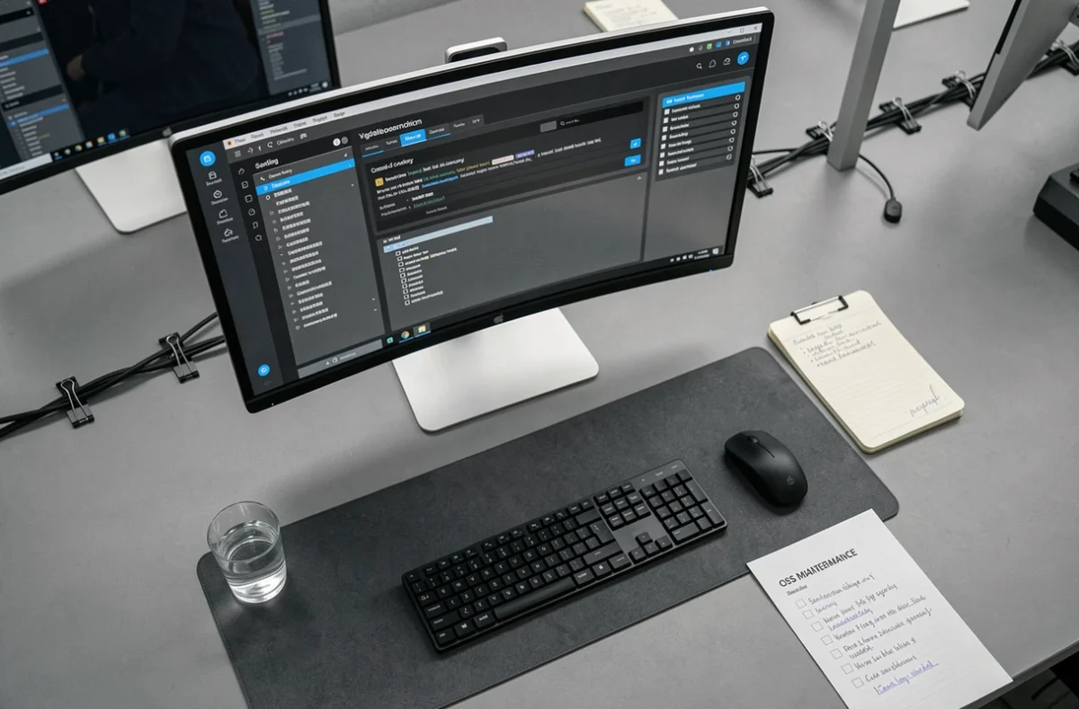 Vue aérienne d'un bureau informatique avec un logiciel de maintenance système ouvert sur écran et une liste de contrôle OS