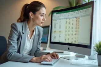 Femme professionnelle utilisant Excel pour calculer une moyenne sur une plage dynamique dans un bureau moderne