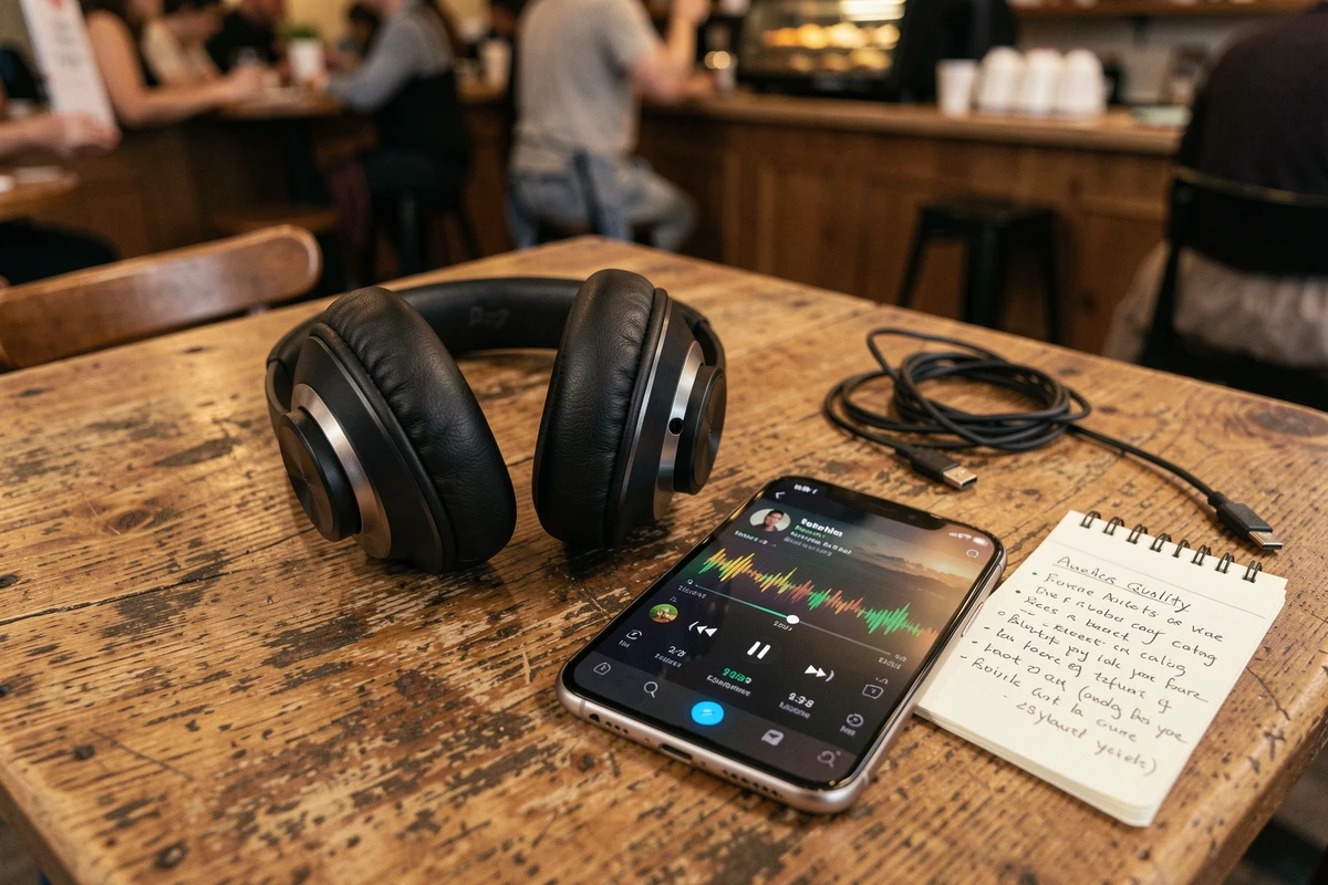 Casque audio studio posé sur une table avec un smartphone affichant la qualité bitrate d'un fichier MP3