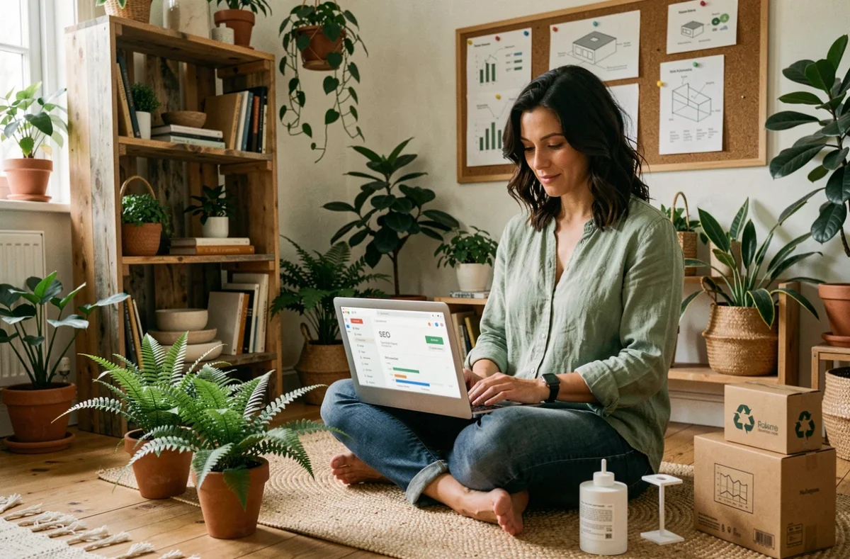Consultante SEO et éco-conception web dans son bureau naturel du Morbihan, représentant l'agence Cécile Web