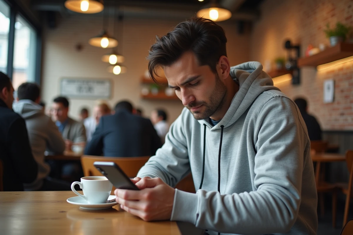 Homme envoyant des messages anonymes sur smartphone dans un café urbain animé