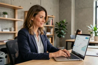 Cheffe d'entreprise PME analysant le retour sur investissement de Claude AI sur son ordinateur portable au bureau