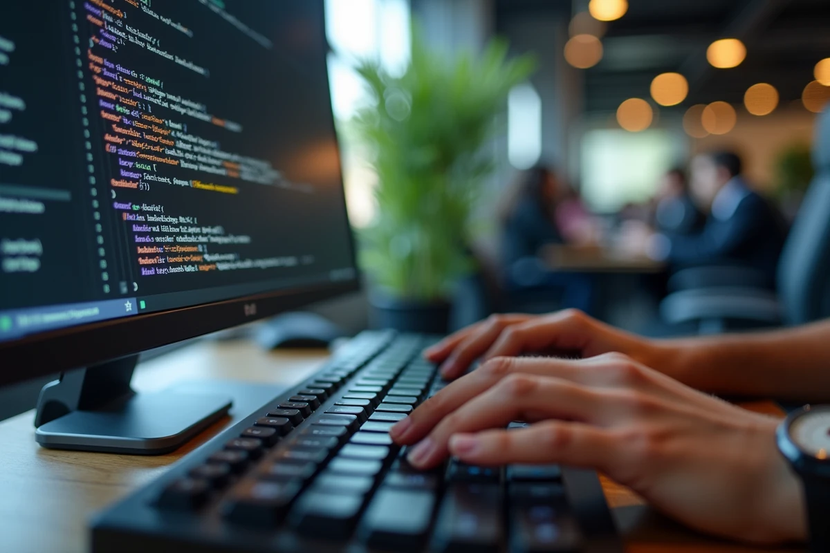 Gros plan sur un clavier mécanique et un écran de code montrant des antislashs manquants dans un éditeur de texte, illustrant un bug d'encodage