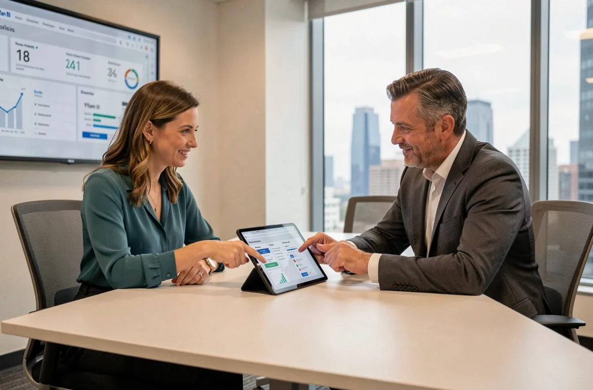 Deux collègues collaborant pour réussir la première connexion Plan BI ensemble sur une tablette en salle de réunion