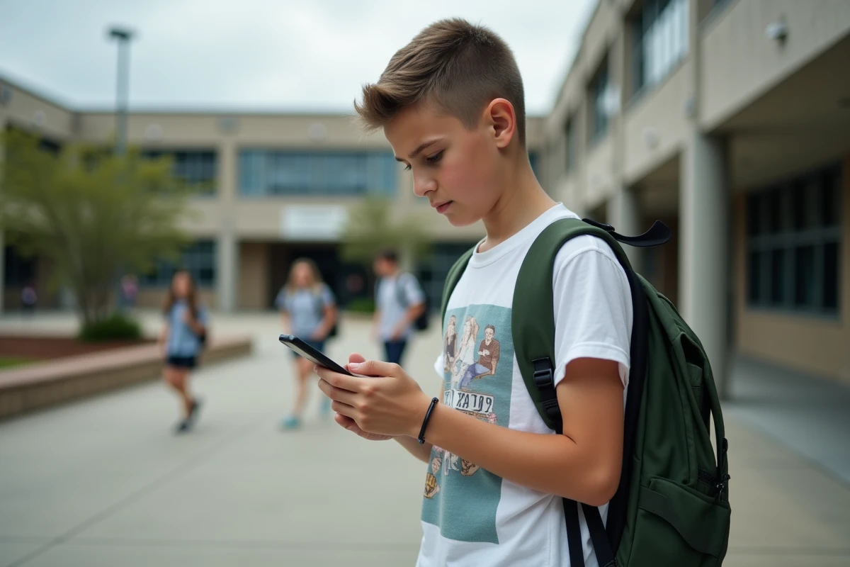 Collégien vérifiant les messages de son ENT77 sur smartphone dans la cour de son établissement scolaire