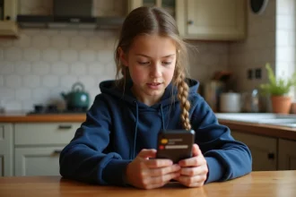 Collégienne consultant l'application ENT77 sur son smartphone à la maison pour lire les messages de son établissement scolaire