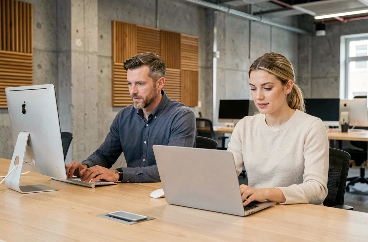 Deux collègues travaillant côte à côte, l'un sur un PC fixe tout-en-un et l'autre sur un ordinateur portable dans un espace de coworking