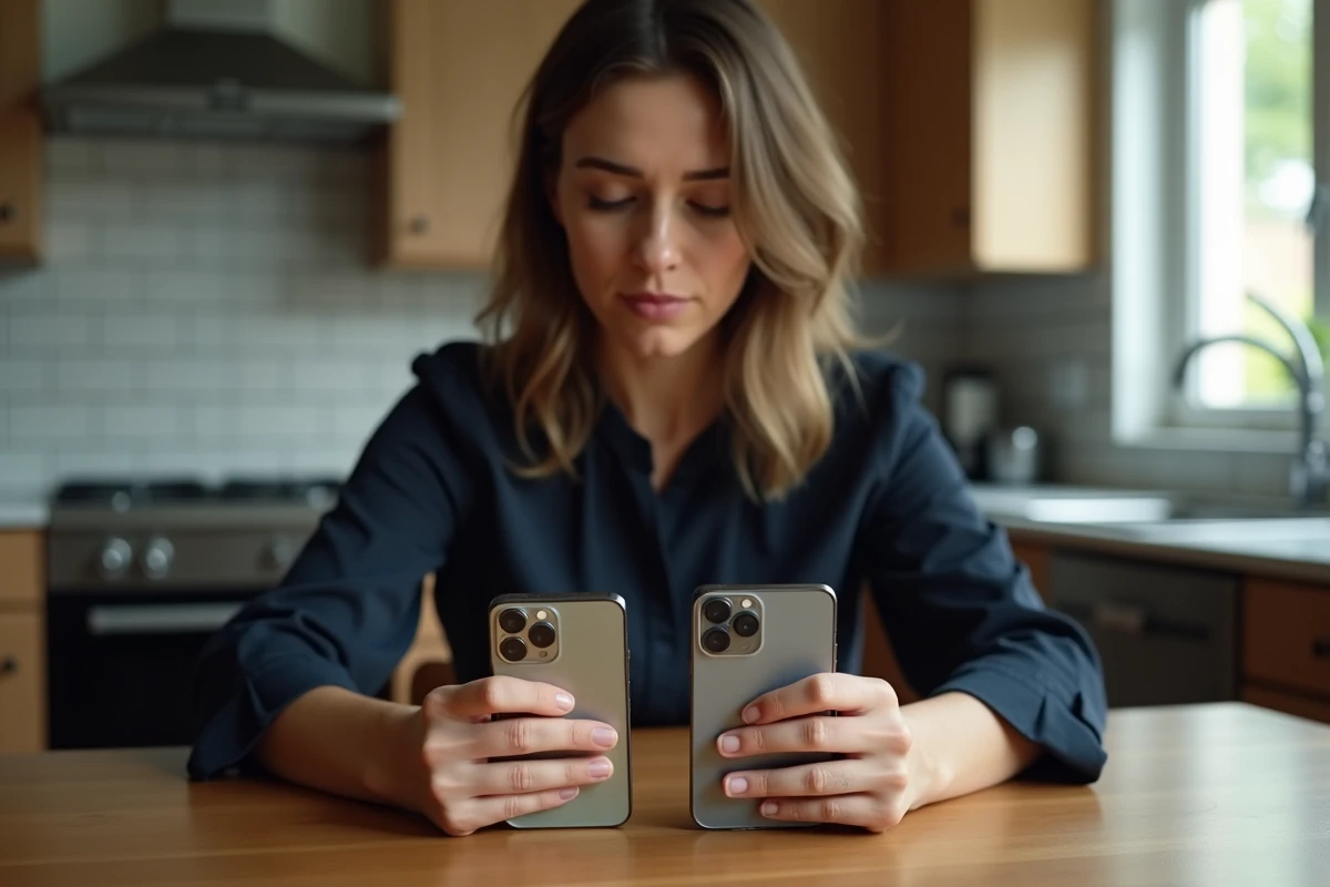 Femme comparant deux iPhone 12 Pro d'occasion sur une table, analysant les différences d'usure entre les deux appareils