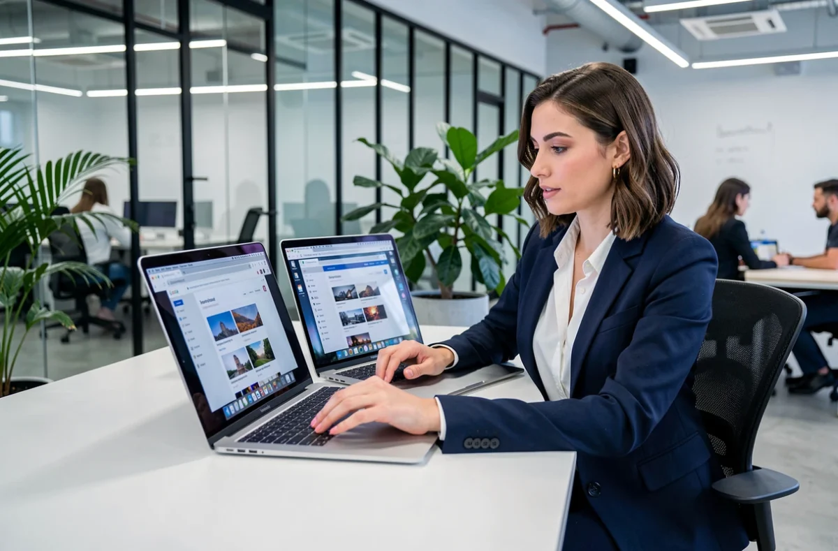 Une femme comparant deux navigateurs web sur des laptops côte à côte dans un open-space professionnel