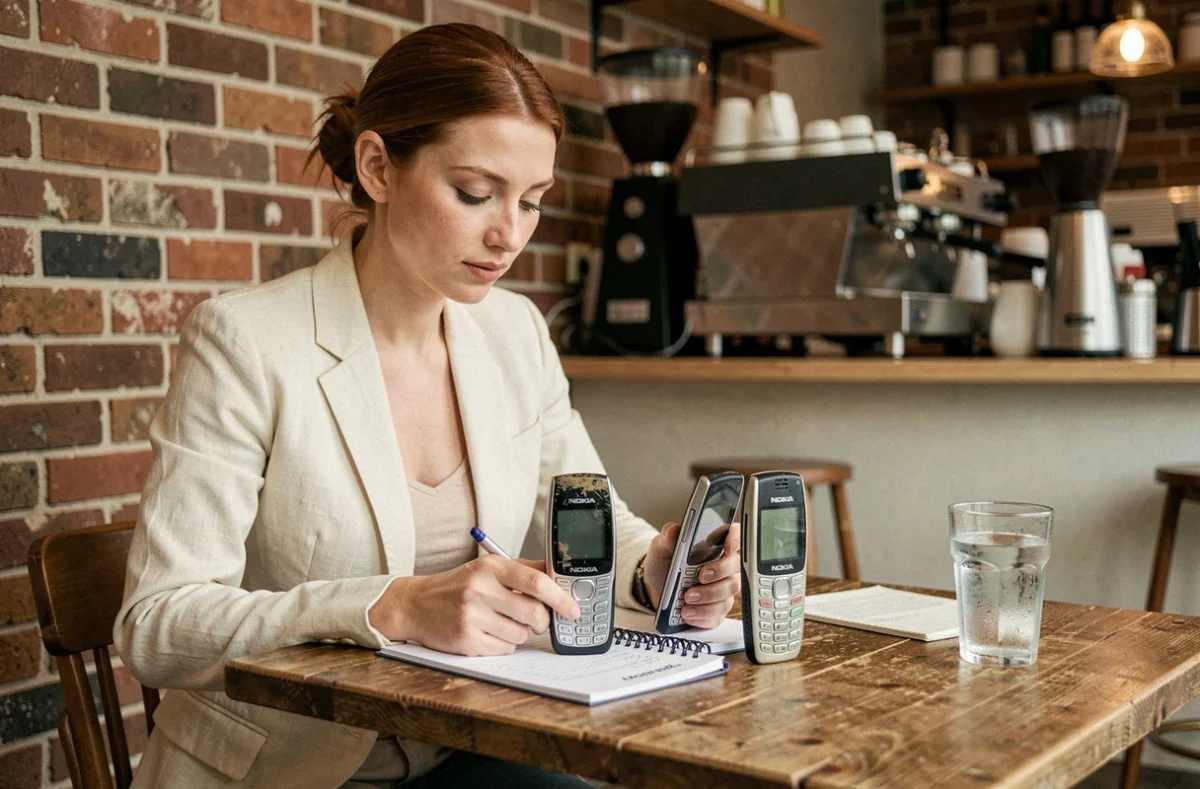 Une femme compare deux Nokia 8800 d'occasion sur une table de café, en consultant une liste de vérification avant achat