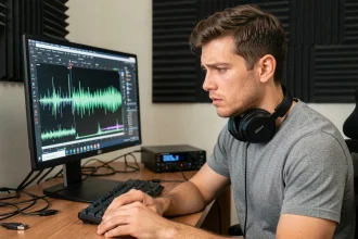 Homme comparant la qualité audio de fichiers MP3 sur un logiciel d'édition sonore dans un home studio