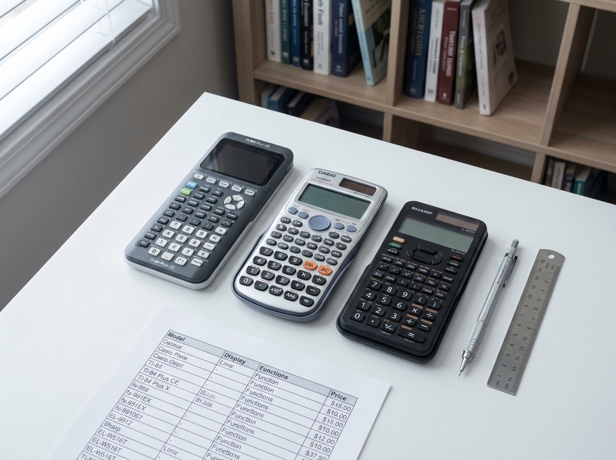 Vue de dessus comparant trois calculatrices scientifiques pour collège posées côte à côte avec une liste de critères d'achat