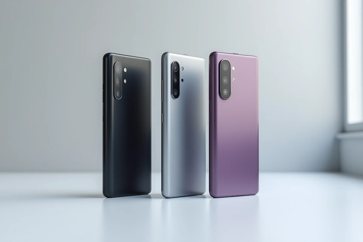Trois modèles de smartphones Samsung Galaxy alignés sur fond blanc, comparatif produit pour choisir le meilleur rapport qualité-prix en 2026