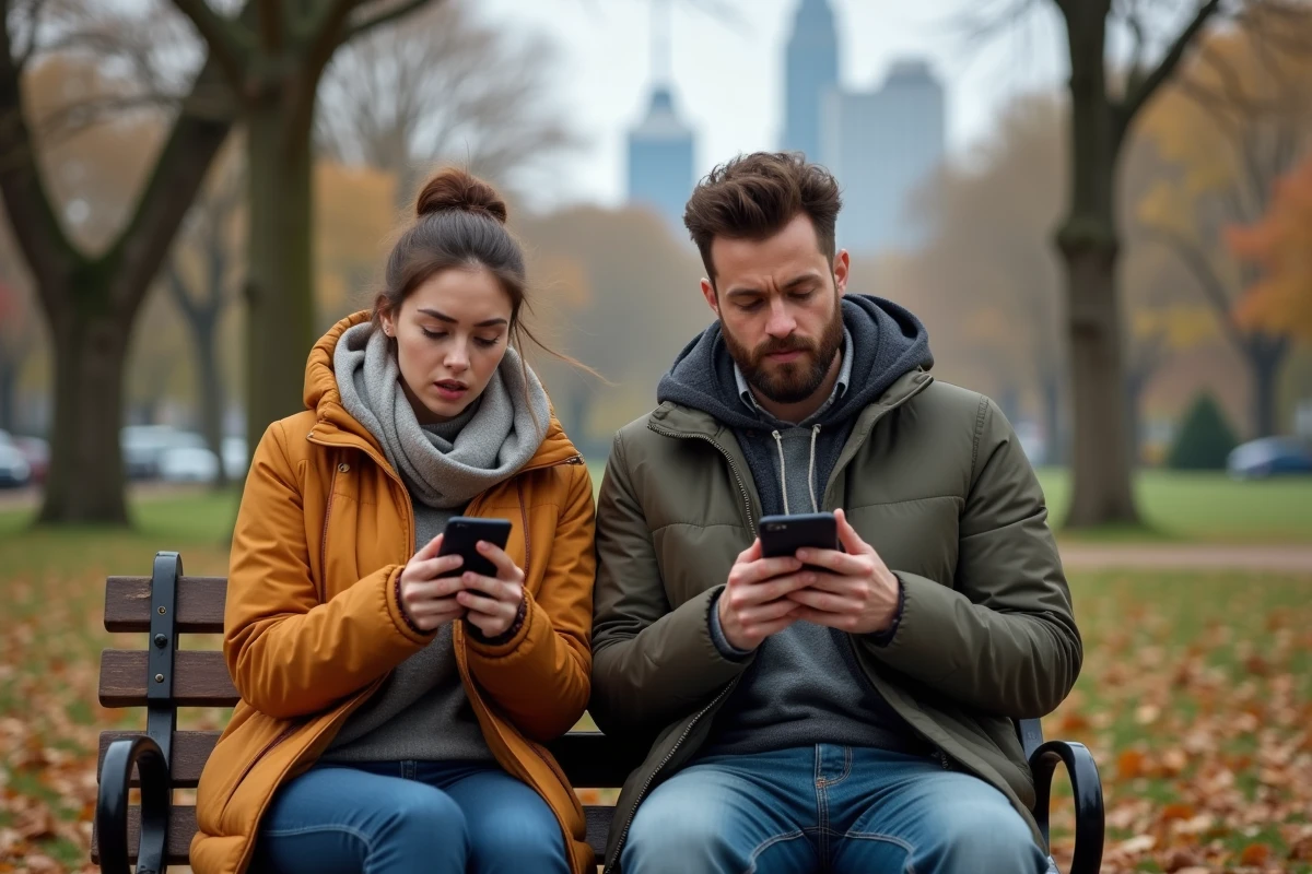 Deux adultes consultant des applications de messagerie anonyme sur leurs smartphones dans un parc urbain en automne