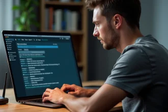 Homme configurant une adresse IP 192.168.1.1 sur un ordinateur portable dans un bureau à domicile