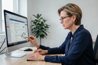 Femme professionnelle configurant la redirection de mails sur un ordinateur de bureau dans un bureau moderne