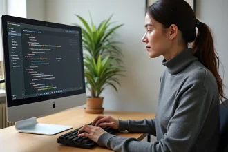 Femme configurant un raccourci clavier personnalisé pour la lettre È majuscule sur un ordinateur de bureau