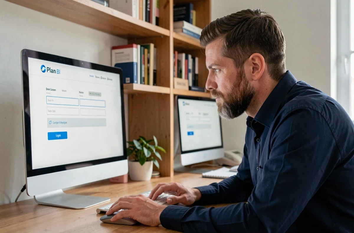 Homme en télétravail effectuant sa première connexion à Plan BI sur un écran d'ordinateur de bureau dans un bureau à domicile