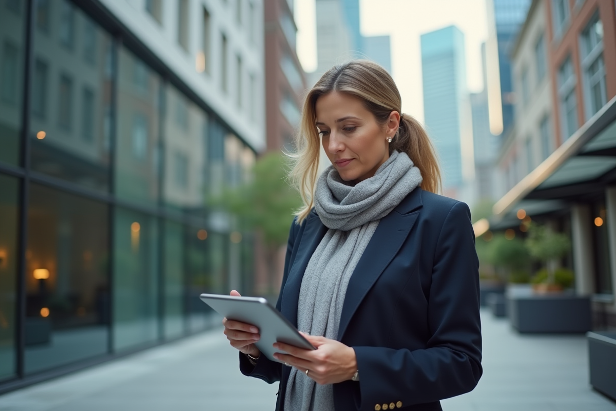 Consultante SEO en extérieur examinant des graphiques sur une tablette