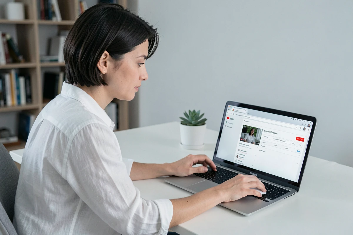Femme vérifiant les paramètres de conversion YouTube en MP3 sur un ordinateur portable